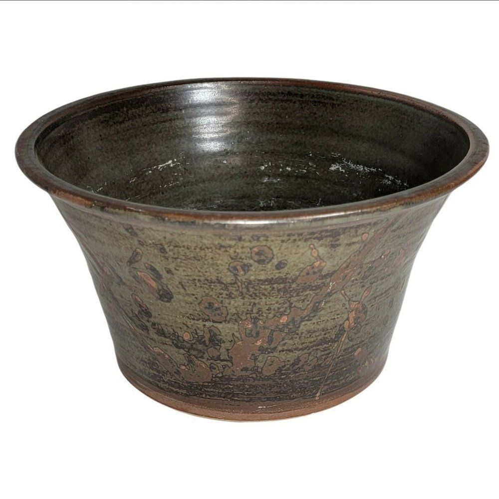 VTG Louis Mideke 8" Planter Bowl Brown Green MCM Studio Pottery Splash Glaze